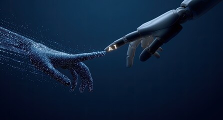 AI-powered robotic hand touches human hand, digital connection