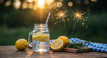 Festive Summer Still Life with Mason Jar, Sparklers, Lemons, and Rustic Picnic Table at Golden Hour