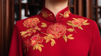 A vibrant red dress with intricate golden floral embroidery, featuring a high collar and neck knot,