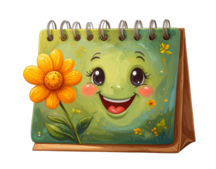 Cute Cartoon Green Calendar with Yellow Flower Icon PNG