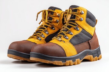 Pair of yellow and brown hiking boots on white background