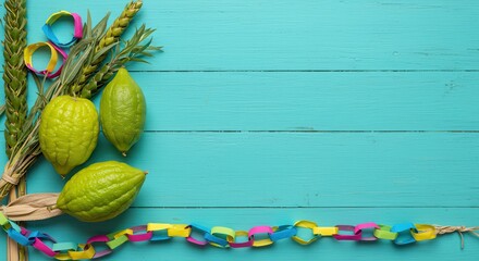 Colorful Sukkot Festival Background with Etrog, Lulav and Decorations 