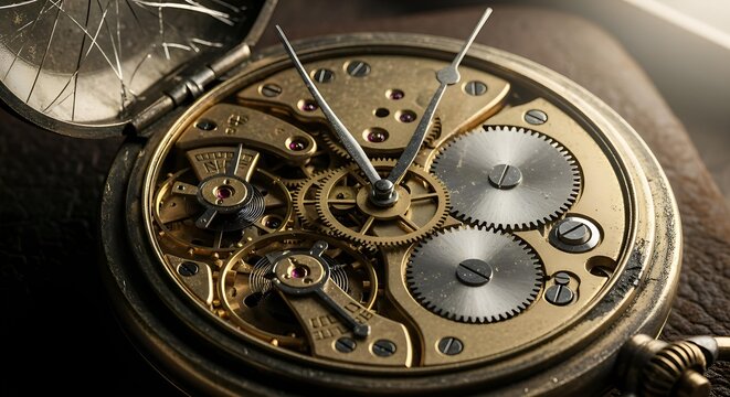 Vintage Pocket Watch Mechanism Close Up, Clockwork Gears and Time Concept
