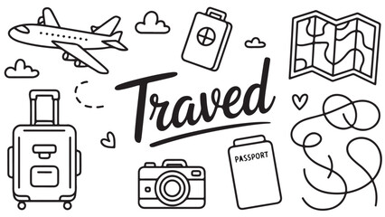 Travel Vector Illustration: Plane, Suitcase, Map, Camera – Journey Design
