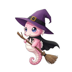 Cute Cartoon Seahorse Dressed as a Witch Flying on a Broom for Halloween