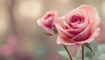 Two delicate, light pink roses close-up, soft-focus background