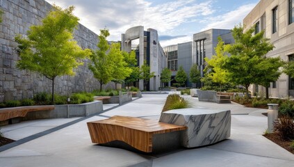 Urban courtyard with modern benches.  Stone walls, greenery, and light-filled space