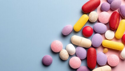Assorted pills and capsules in various colors.  A mix of round and oblong shapes are scattered on a light blue and light pink background