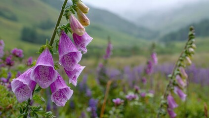 Pink foxgloves bloom amidst purple wildflowers in a grassy meadow, bathed in soft light.  A misty mountain range forms a blurred backdrop