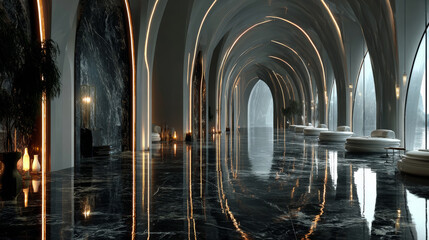 Naklejka premium 3d rendering. A row of futuristic sci-fi arches with white neon lighting in a dark marble hall.