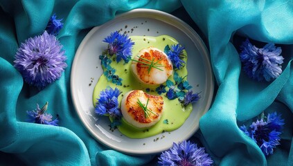 Two seared scallops on a light gray plate,  topped with vibrant green sauce and edible flowers.  Surrounded by a teal silk cloth and more flowers