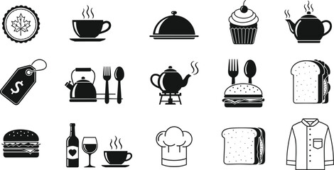 Silhouette vector set of food and dining icons including pie, cloche, cupcake, teapot, burger, wine bottle, chef hat, and menu