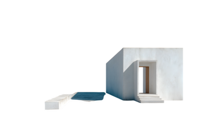 Minimalist concrete building exterior, isolated on transparent background