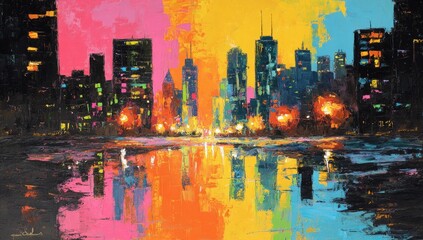 Vibrant cityscape reflected in a colorful pool