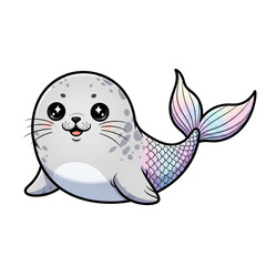 Fototapeta premium A cute and adorable cartoon seal with a sparkly rainbow fish tail, looking happy and playful, with big adorable eyes