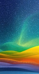 Abstract aurora borealis over layered rainbow hills