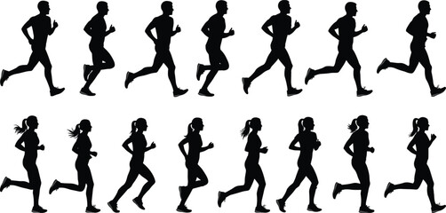 Silhouette vector set of male and female runners in different running motion phases for sports, fitness, and human movement illustration