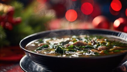 Steam rising from a bowl of hearty soup, likely a winter or holiday meal