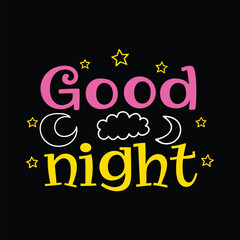 Good night text with stars and moon on black background greeting message