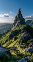 Mountain peak rising above a green valley.  Sunny landscape