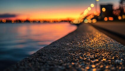 Sunset city lights reflect on water's edge.  Focus on a textured concrete embankment