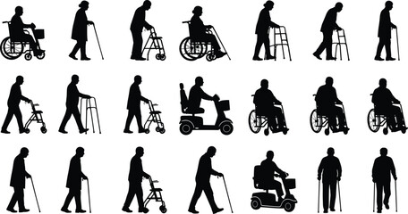 Silhouettes of elderly individuals using mobility aids including wheelchairs, walkers, canes, and scooters for accessibility and healthcare design © Sihab Creatives