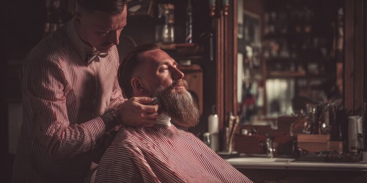 The skilled barber working on a stylish man's beard and hair in a vintage barbershop.