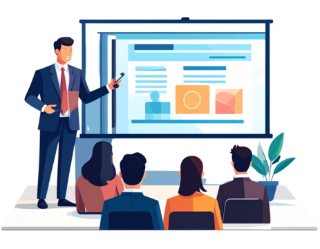 Flat Style Presentation Icon with Speaker and Audience, Minimal Business Symbol, Isolated PNG