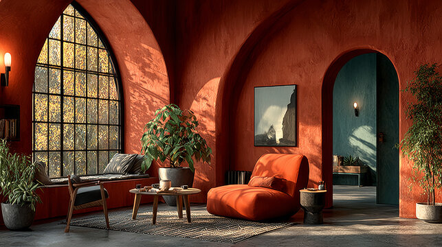 Terracotta Color Paint Living Room, 3d rendering