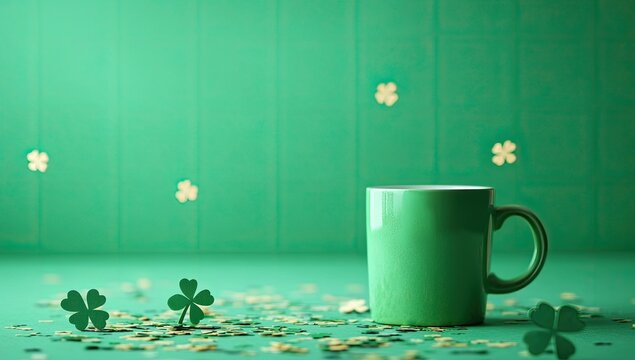 Emerald green St. Patrick's Day scene with a mug
