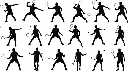 Badminton player silhouettes vector set, racket sport poses, action figures, black and white sports illustration, athletic movement, shuttlecock scenes.