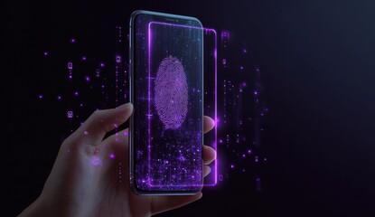 A hand holds a smartphone with a glowing fingerprint overlay.  Digital data and code particles surround the image, creating a futuristic, technological effect