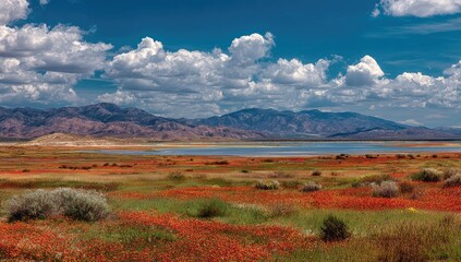 Fototapeta premium Expansive landscape of a vibrant flower-filled plain, with a tranquil lake and distant mountains under a partly cloudy sky