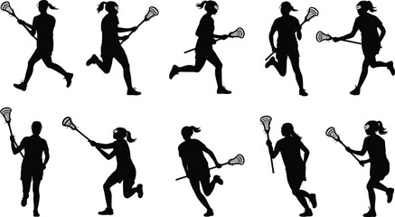 Dynamic female lacrosse player silhouettes in action, running, shooting, passing, athletic women in sports gear, teamwork, competitive game