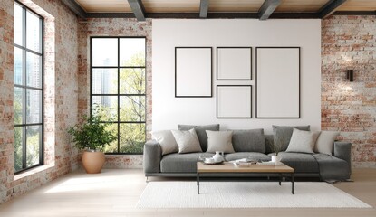 Modern loft living room with exposed brick, large windows, and multiple framed art pieces