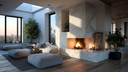 Minimalist living room interior with white walls and modern fireplace. Interior mockup, 3d render
