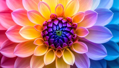 A close-up view of a vibrant dahlia flower, showcasing a spectrum of pastel colors blending seamlessly into each other. © jakiyo