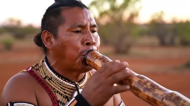 Indigenous man playing a didgeridoo outdoors