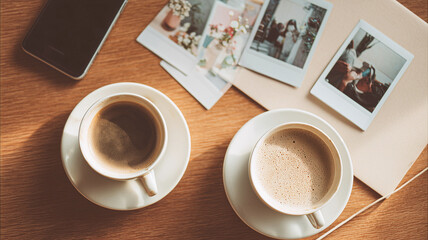 Warm tabletop with open greeting card and two coffees, simple Friendship Day setup perfect for social posts and invitations