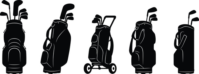 Golf bag silhouettes with clubs, black and white illustration, sports equipment, golf accessories, club sets, golfing gear, vector design