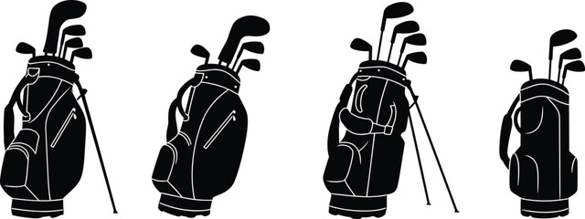 Golf bag silhouettes with clubs, black and white illustration, sports equipment, golf accessories, club sets, golfing gear, vector design