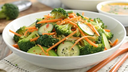 Healthy broccoli salad with carrots and cucumbers served in a white bowl