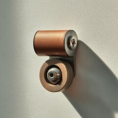 A wall-mounted, minimalist, dual-cylinder object.  Two cylindrical components,
