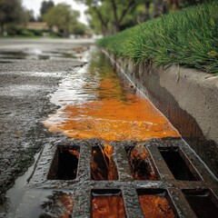 Orange water flows into a street gutter