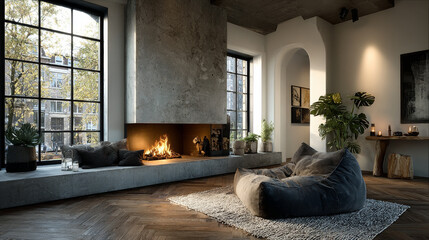 Minimalist living room interior with modern fireplace and white walls. Interior mockup, 3d render