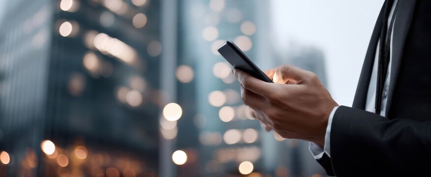 The businessman using smartphone in a bustling urban environment at night. - Powered by Adobe