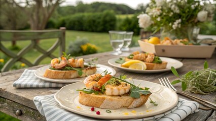 Delicious bruschetta topped with shrimp and lemon zest served outdoors in a scenic garden setting