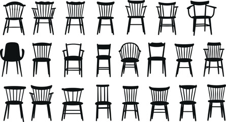 Silhouette collection of vintage and modern chair designs, black and white vector set, furniture icons for interior, home decor illustration