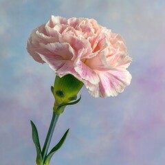 Close-up of a single, delicate, pink and white carnation, slightly angled, set against a soft pastel backdrop of light blues and pinks