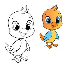 A fun cartoon bird vector coloring page featuring a cute, playful bird with simple outlines, perfect for kids and adults to enjoy creative coloring.
